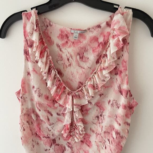 Y2K Sleeveless Blouse S Pink Ruffle Ruched Hem Barbie Coquette Fairy Romantic - Picture 3 of 9